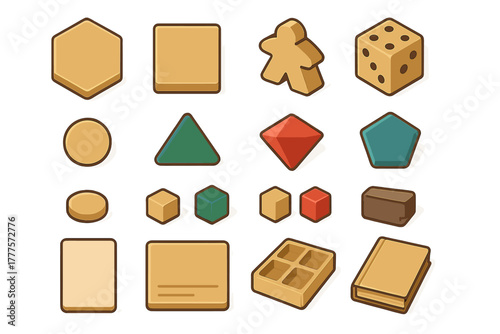 Collection of various board game components including dice, meeples, tokens, cards, and tiles
