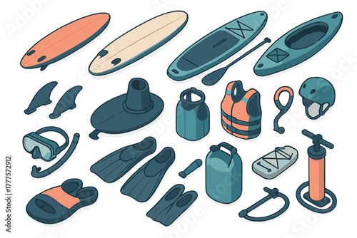 Water sports and diving equipment including surfboards kayak paddleboard fins and life vest