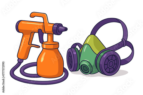 Essential protective equipment including a handheld spray gun and full-face chemical respirator mask