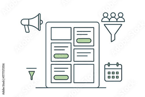 Digital marketing strategy concept with content grid, megaphone, sales funnel, and calendar