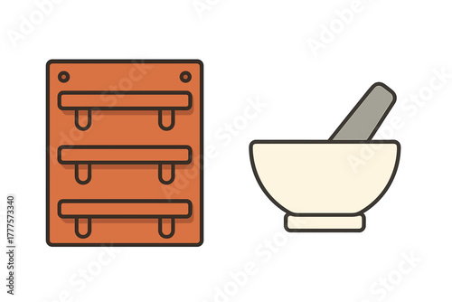 Kitchen spice grinding tools and wall mounted storage rack for culinary equipment organization