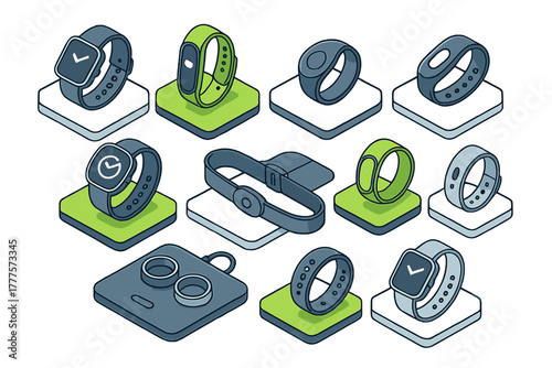 Modern wearable technology devices collection including smartwatches, fitness trackers, and smart rings on isometric platforms