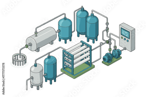 Industrial fluid processing plant setup featuring tanks, pumps, and membrane filtration units