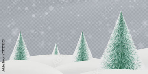 Winter landscape with fluffy fir trees on snowdrifts and falling snowflakes on a transparent background.