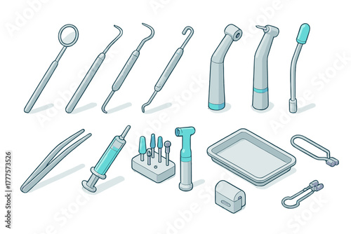 Isometric collection of professional dental instruments and tools for oral hygiene and medical procedures