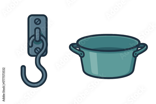 Mounted metal hook and large cooking pot for kitchen and culinary use