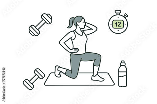 Woman performing a lunge exercise during a home workout session surrounded by fitness equipment icons