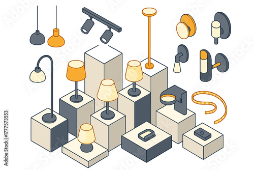 Isometric set of modern lighting fixtures including floor lamps, table lamps, track lights, and wall sconces
