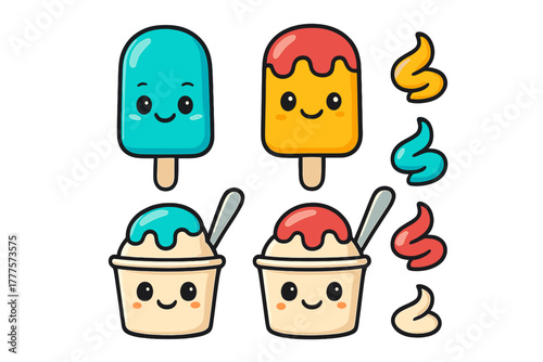 Adorable cartoon popsicles and ice cream cups with happy faces and colorful toppings
