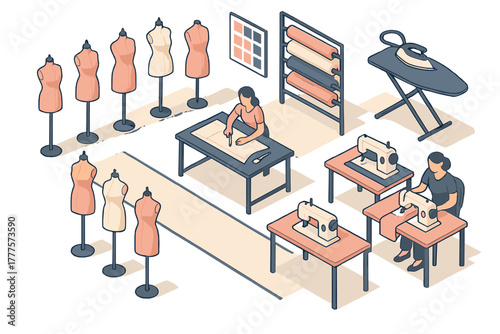 Fashion design studio interior with seamstresses, dress forms, sewing machines, fabric rolls, and ironing board