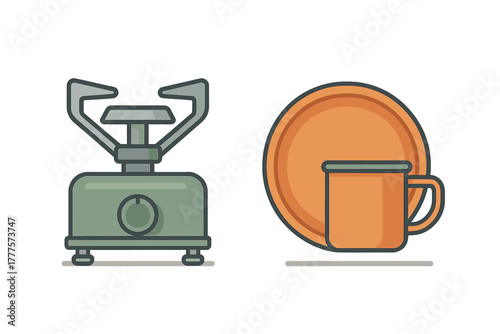 Portable camping gas stove and orange enamel mug with plate for outdoor cooking