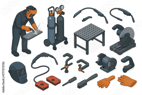 Isometric set of professional welding tools equipment and worker in safety gear