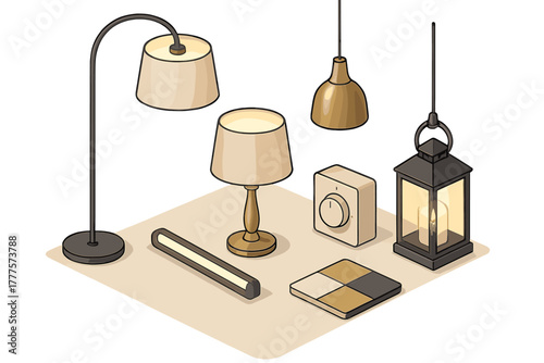 Collection of interior and exterior lighting fixtures including lamps, lantern, and dimmer switch
