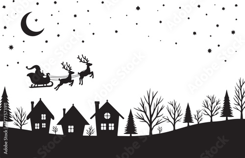 Santa Claus riding his sleigh across the moonlit sky