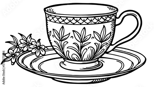 Very beautiful engraved illustration of a cup and saucer adorned with delicate floral decorations, showcasing intricate hand-drawn details in elegant vintage vector engraving style.