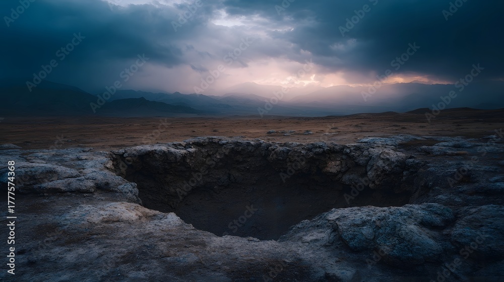 Fototapeta premium A dramatic barren landscape features a deep crater under a stormy light streaked sky