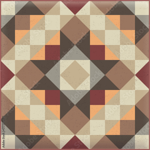 Seamless vintage geometric pattern with distressed texture effect featuring muted earth tones and triangular shapes in a retro quilt style design
