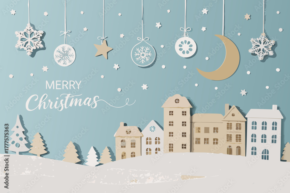 Fototapeta premium Merry Christmas greeting card with a winter snowy landscape. Vector illustration of paper-cut style trees and cozy houses, snowflakes, and spruces. This design is ideal for banners, flyers, invitation
