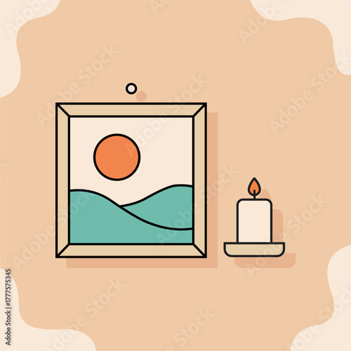 vector of framed art print and candle