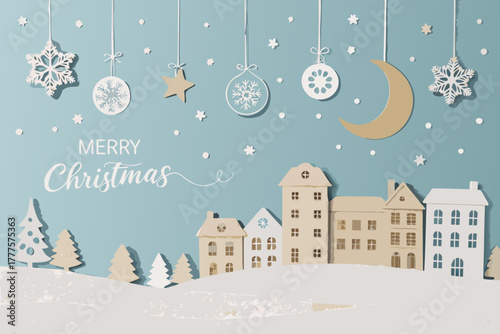 Merry Christmas greeting card with a winter snowy landscape. Vector illustration of paper-cut style trees and cozy houses, snowflakes, and spruces. This design is ideal for banners, flyers, invitation