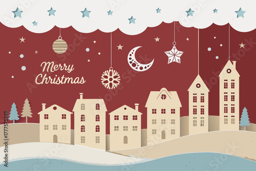 Merry Christmas greeting card with a winter snowy landscape. Vector illustration of paper-cut style trees and cozy houses, snowflakes, and spruces. This design is ideal for banners, flyers, invitation