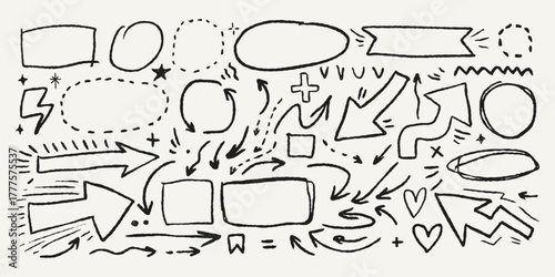 Crayon drawn arrows, scribbles, irregular text boxes.Vector oval, round, square shapes. Messy black sketch elements with funky lines, doodles. Highlighting comic background for planners,infographics. 