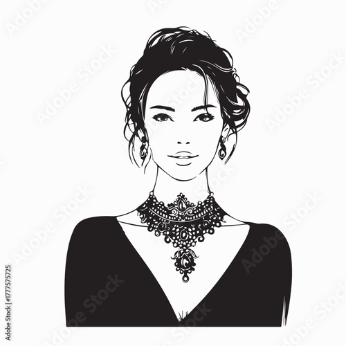 Beautiful Woman Wearing Luxury Necklace Elegant Vector Illustration