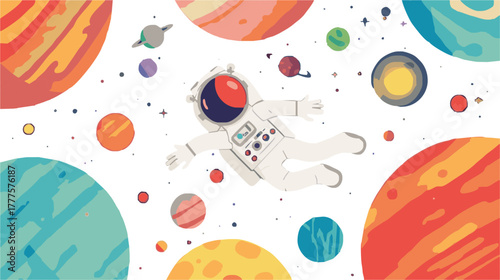 Astronaut floating peacefully among colorful planets, stars, and celestial objects, great for children's books, educational materials, or space exploration concepts