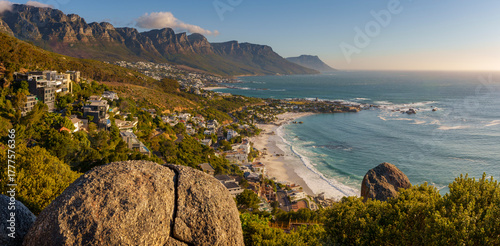 View of the corner of Table Mountain, the Twelve Apostles, Clifton Beach and Camps Bay., part of the Atlantic SeaboardCape Town. Western Cape. South Africa.