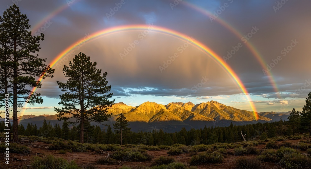 Naklejka premium Stunning mountain landscape with vibrant double rainbow after the storm, a symbol of hope and new beginnings, ideal for travel, nature, and inspirational themes