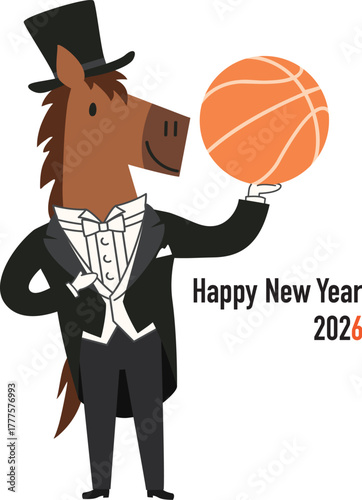 バスケットボールを持った燕尾服のかわいい馬の2026年午年年賀状用ベクターイラスト