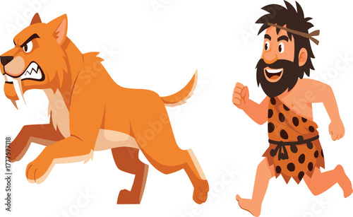 Prehistoric caveman chasing saber-toothed tiger, funny stone age man running after wild animal, cartoon illustration of ancient human and predator