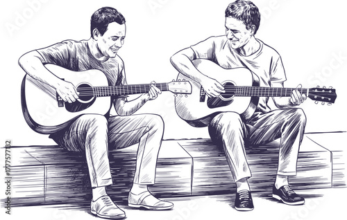 Two Friends Playing Acoustic Guitars Hand-Drawn Sketch Vector - Street Music, Jam Session, and Youth Lifestyle