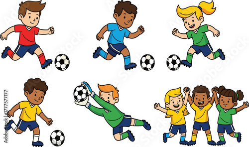 Happy kids playing soccer, children football game, young players kicking ball, teamwork, sports fun, boys and girls competition outdoors