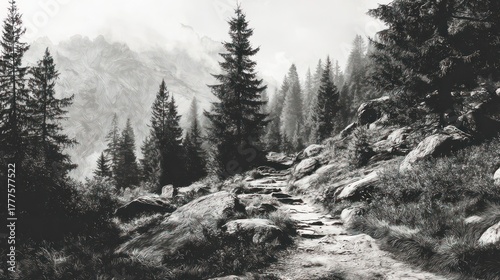 Black and white painting of a mountainous landscape, with a rocky trail through the trees