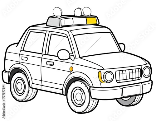 Cartoon Police Car Illustration for Coloring and Educational Activities.