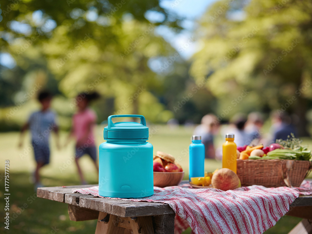 Fototapeta premium Vibrant picnic scene featuring a reusable bottle, fresh produce, playful children in a sunny park. Perfect for lifestyle, health, family, environmental themes.