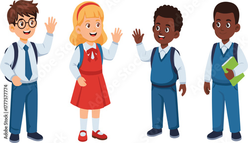 Happy school children waving hands, diverse students in school uniform smiling, back to school concept, kids education illustration design