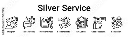 Silver Service banner web icon vector illustration concept for education with icon of Integrity, Transparency, Trustworthiness, Responsibility, Evaluation, Good Feedback.