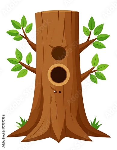 Cartoon Tree with Hollows and Green Leaves Illustration.