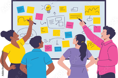 Team Brainstorming and Idea Generation Vector - Diverse People Working on Whiteboard with Sticky Notes - Project Planning