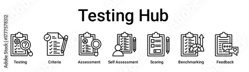 Testing Hub banner web icon vector illustration concept for education with icon of Testing, Criteria, Assessment, Self Assessment, Scoring, Benchmarking.