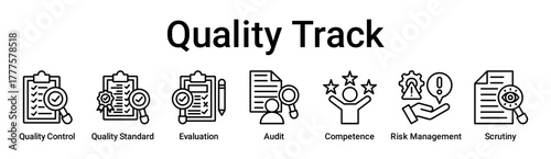 Quality Track banner web icon vector illustration concept for education with icon of Quality Control, Quality Standard, Evaluation, Audit, Competence, Risk Management.