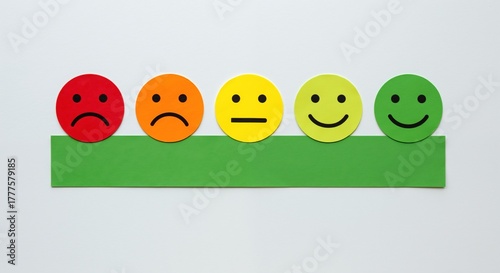 Five emoji faces rating scale colorful expressions green platform. Customer satisfaction feedback system from angry to happy mood. Service evaluation assessment concept banner horizontal