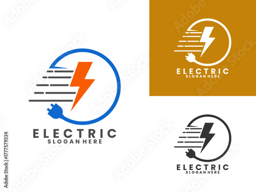Thunderbolt with circle electrical plug logo design vector template