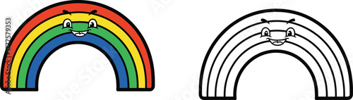Cartoon rainbow character illustration set, colorful and outline versions with smiling face and traditional color bands, weather theme, vector clipart