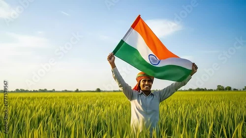 Indian Farmer Celebrates Independence Day in Lush Green Field.