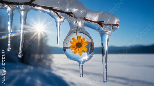 Clear winter day and bright orange flower inside the icicle. Sun glare on ice crystals. Russian winter. Frozen rain

