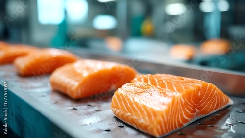 Salmon fillets on a processing belt, industrial efficiency in fish handling, supply chain dynamics in seafood processing, manufacturing innovation in food tech, production flow in