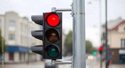 Close up photo of a red traffic light hanging from a pole on the right side of the road